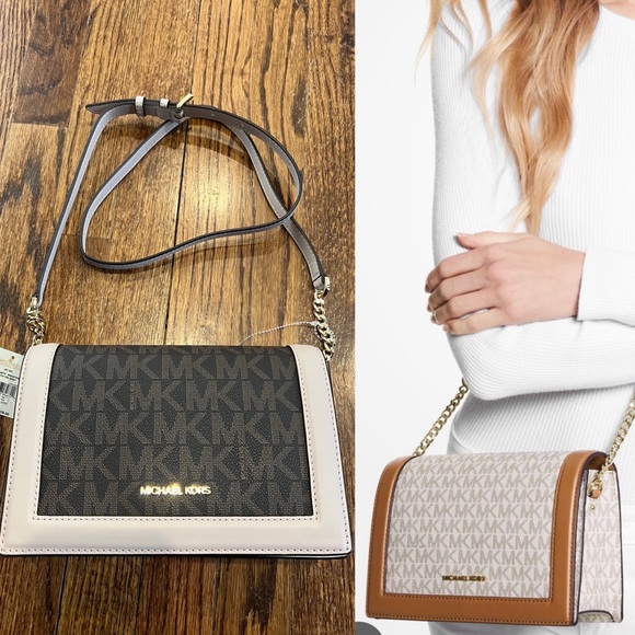 Michael Kors Handbags - Michael Kors Signature Large Full Flap Brown & Soft Pink Leather Chain Crossbody